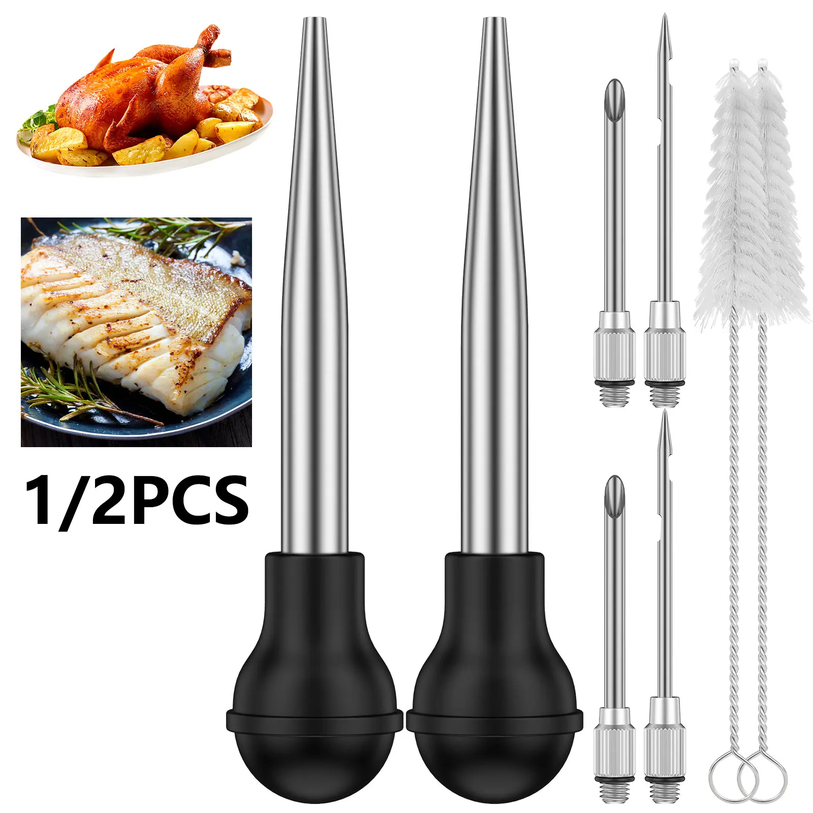 Juego de Baster de pavo, bomba de inyección de salsa de condimentos, jeringa de Baster de pavo de acero inoxidable, aguja inyectora de adobo de carne para Cocina