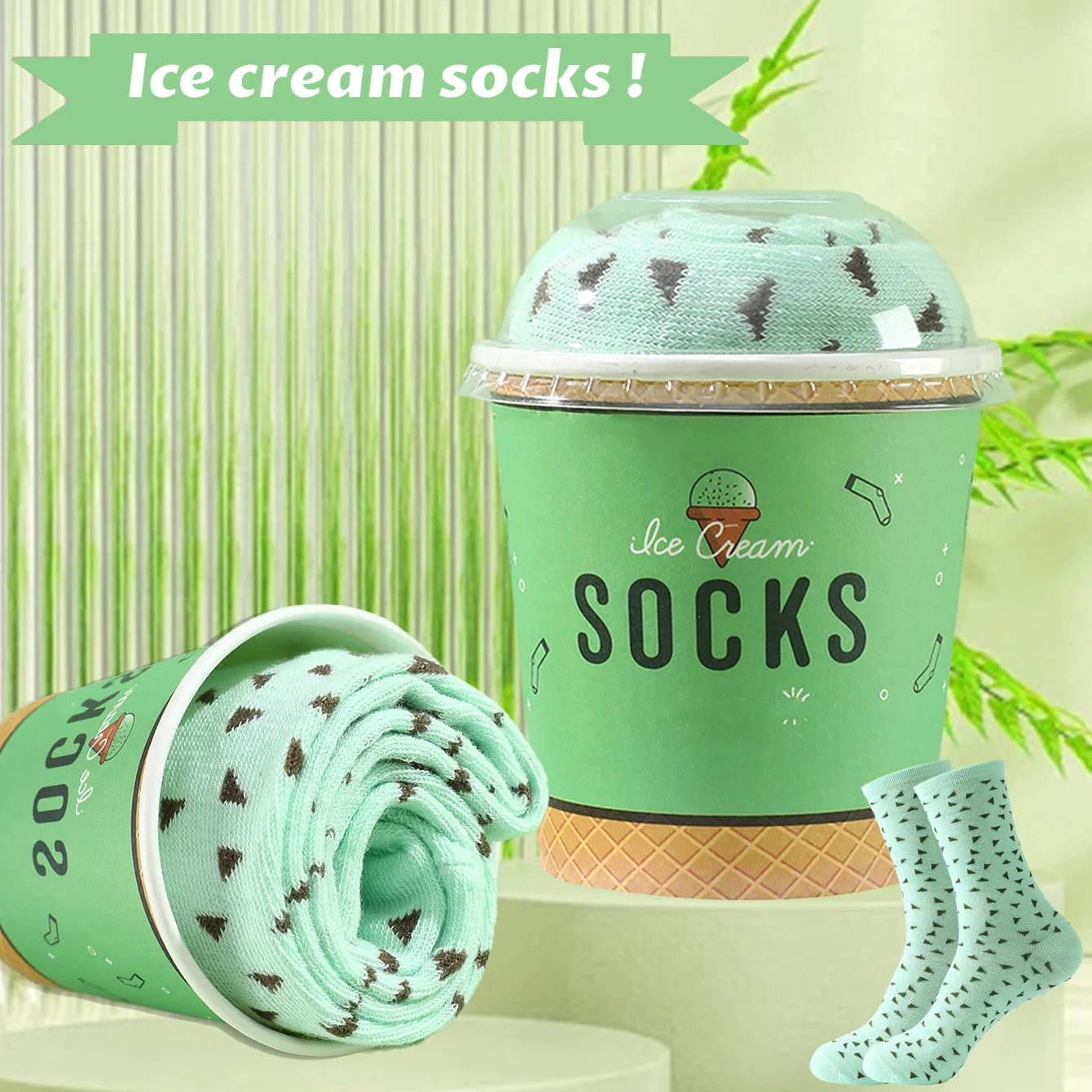 1 Paar mittelhohe Herrensocken, geeignet für Männer und Frauen, neuartig und lustig, bunte grüne Eiscreme-Geschenkbox-Socken, europäischer und amerikanischer Modetrend-Stil, bequem und atmungsaktiv,