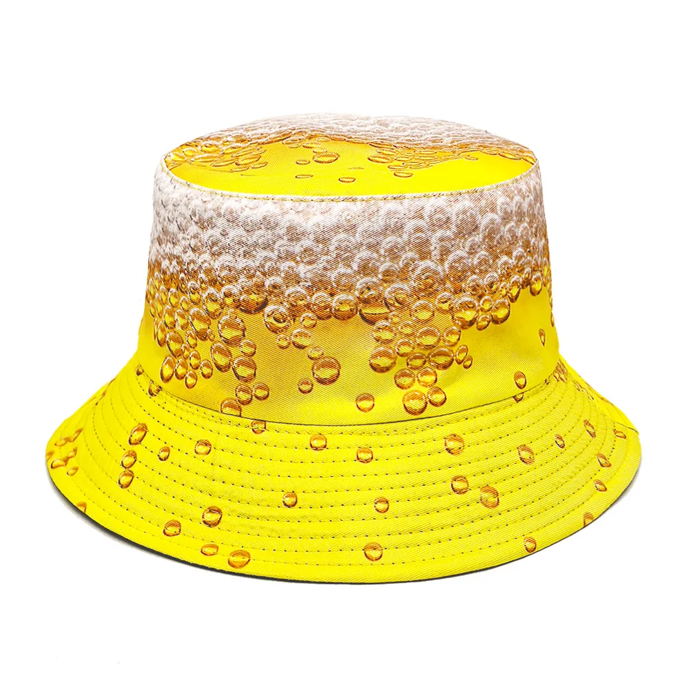 Gelber Fischerhut mit Bier-Print, Festival-Party-Deko, Wendbarer Fischerhut für Damen und Herren, Sommer-Sonnenschutz, Panama-Sonnenhut