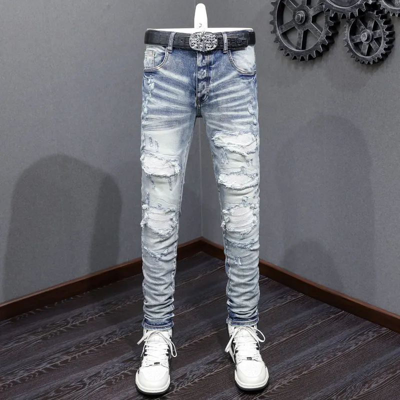 

Designer High Street Fashion New Men's Jeans Stretch Tight White Patch Punched Water Washed Blue Jeans Hip Hop Brand Splicing Pa