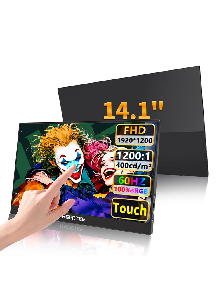 HGFRTEE 14,1 Zoll Tragbarer Monitor 10-Punkt-Touchscreen 1200P FHD IPS 100% sRGB HDR Zweiter externer Bildschirm mit integrierten Dual-Lautsprechern, 178 °   Großer Betrachtungswinkel, Typ-C- und