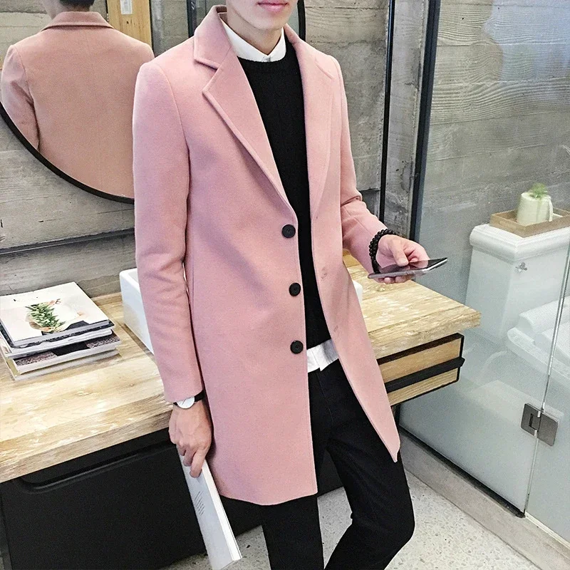 Fashion Men Winter Clothing Oversized Grey Long Woolen Coat Slim Fit Wool Overcoat Male Casual Gray Tweed Blend Coat Xxxl 4xl