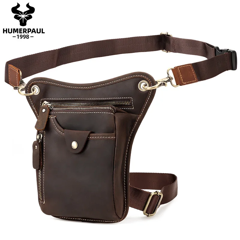 HUMERPAUL Durable Motorcycle Drop Waist Leg Bag Phone Purse for Men Genuine Leather Shoulder Messenger Bag Fanny Pack Travel