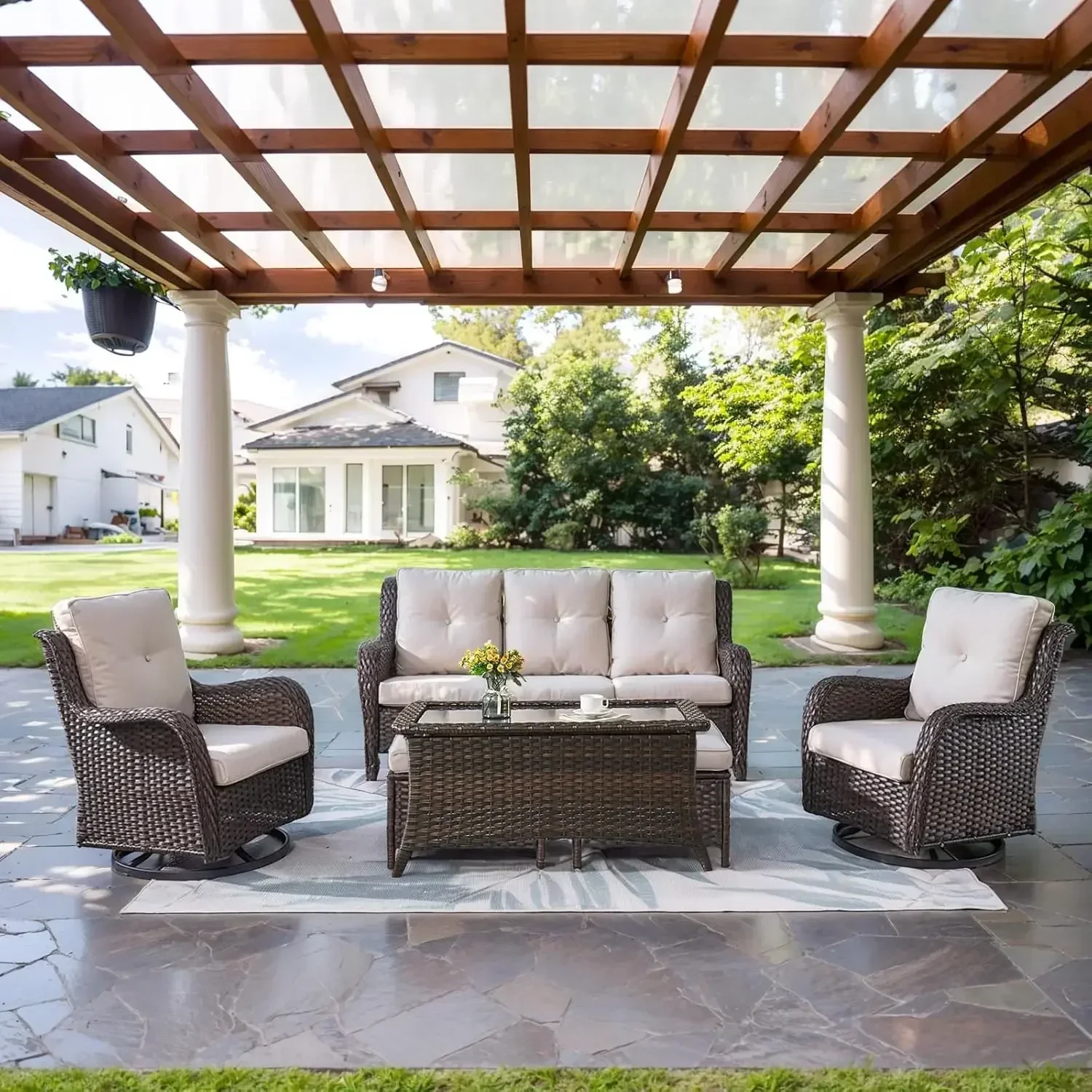 

Wicker Outdoor Furniture Patio Furniture Set - 6 Piece Patio Conversation Set with Swivel Rocker Chairs, Rattan Sofa, Ottomans