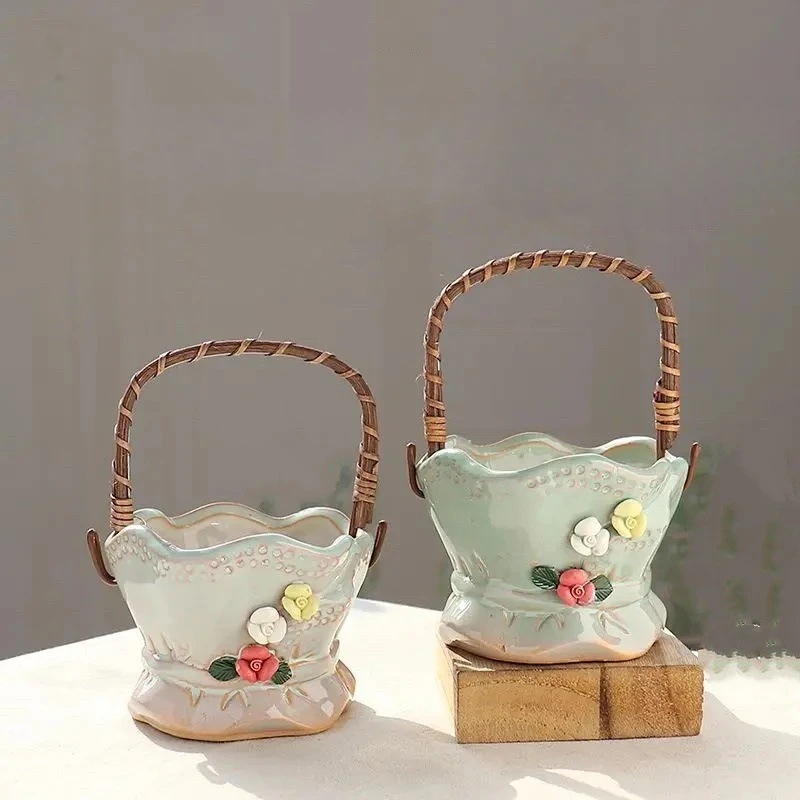 Ceramic Handheld Rattan Basket Succulent Planter, Handmade Pinched Flower Pot, Minimalist Table Decor for Home & Balcony