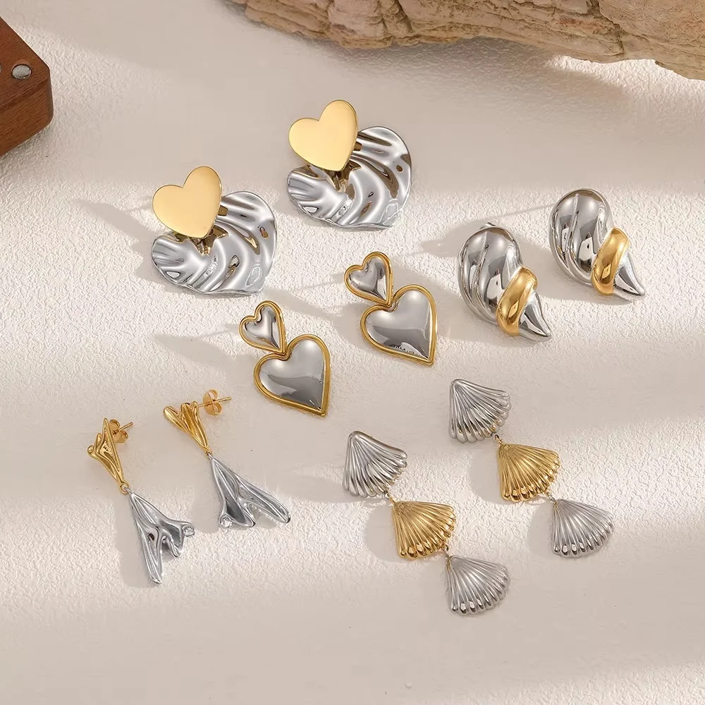 بسيطة الإبداعية الأزياء هندسية الملمس القلب قلادة الأقراط الفولاذ المقاوم للصدأ شل محارة على شكل الأقراط