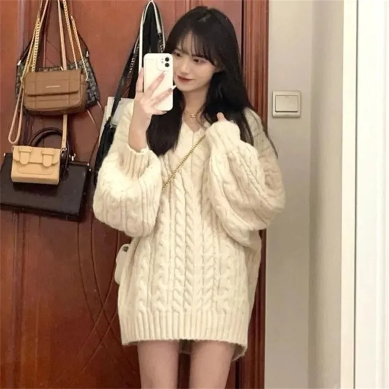 

Woolen Sweater Pure Desire Fried Dough Twists Pullover Sweater Women's Autumn And Winter Lazy Retro Gentle Wind Soft Waxy Knitwe