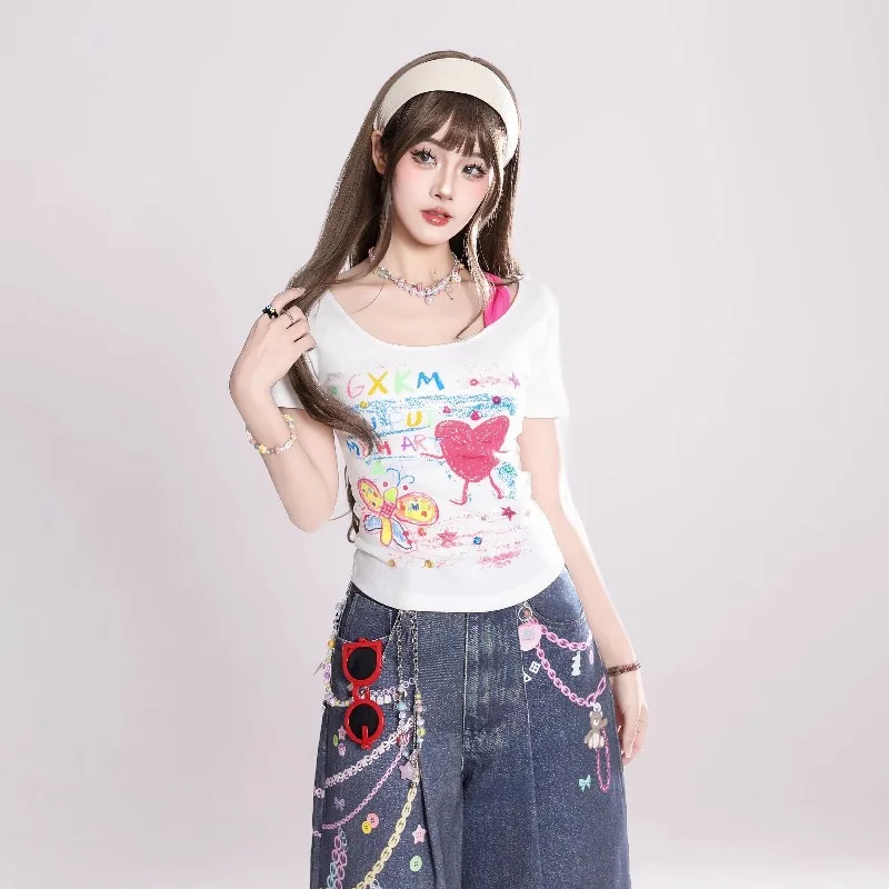 Kimotimo Sweet Graffiti Print Off Shoulder T-shirt Women Summer New Slim Waist Crop Top Japanese Y2k Aesthetic Versatile Tees