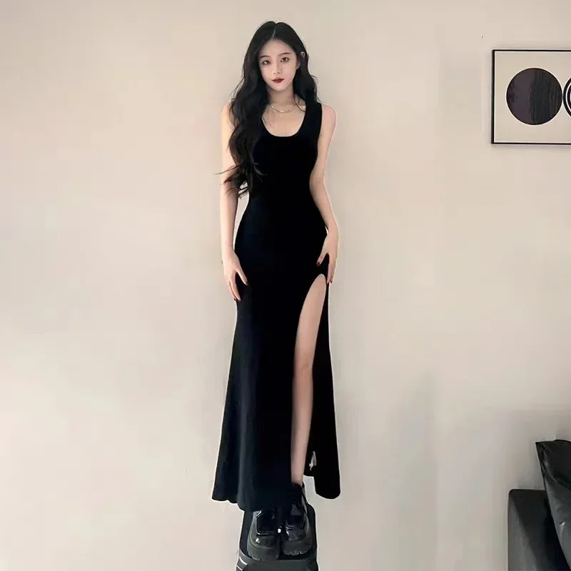 

Korean Black Slim Sleeveless Sexy Dress Women Elegant Side Slit Female Dresses Spring Summer Lady Midi Vestido Y2k Dresses