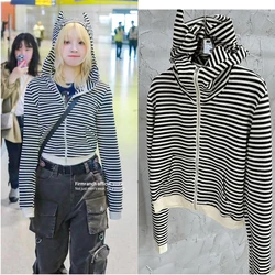 Firmranch Korean Fashion Hoodies for Women, Cute Cat Ear Hood, Little Devil Striped Sweatshirt, Zip Up Short Jackets Pullover