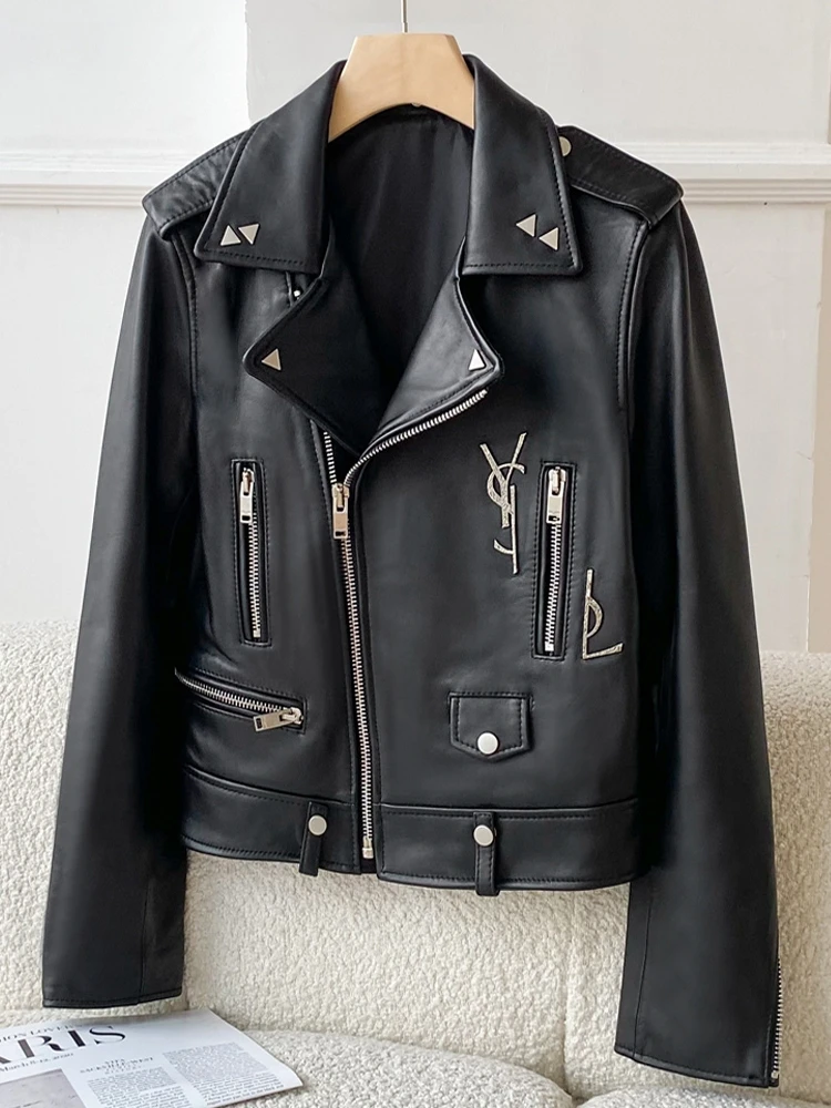 2024 Lente Nieuwe Hoge Kwaliteit Echt Schapenleer Jas Dames Slim Fit Zwarte Bikerjas Met Notch Kraag Korte Jas