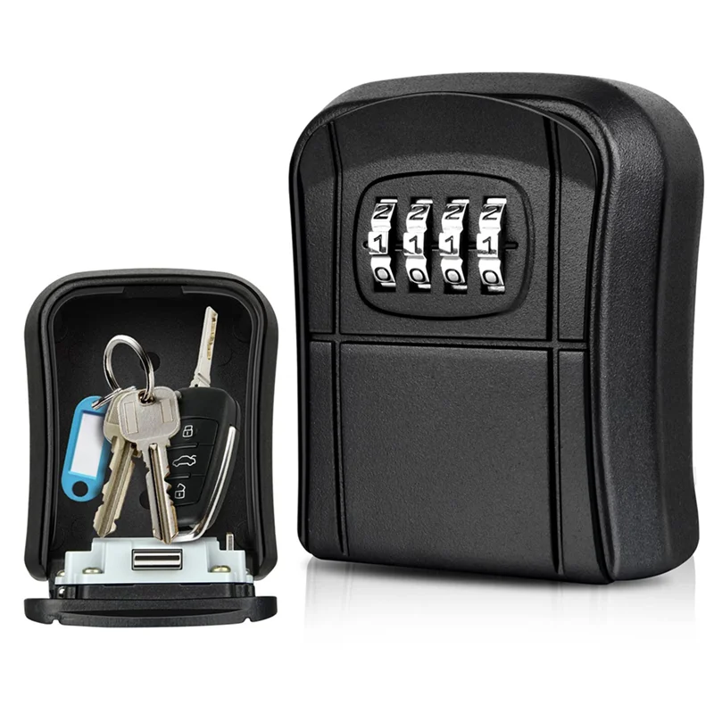 【Superdeals】2X Key Box Wall Mounted Mini Key Safe Outdoor Key Box With Resettable 4-Digit Numeric Code Waterproof Key Box (Black