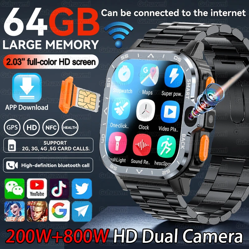 

2025 New WiFi 5G SIM Card Smart Watch GPS Navigation HD Dual Camera 64/16GB Memory WiFi Waterproof Telephone Android Smartwatch