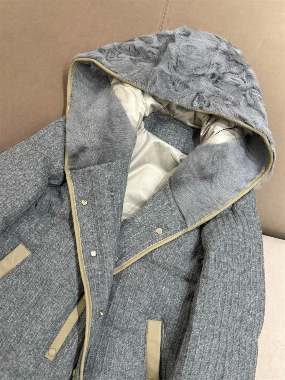 Winter L*P Women\'s Cashmere Knitted Lamb Wool Hooded Goose Down Jacket Female Thick Soft Super Warm Mid- Long Down Outerwear Coa