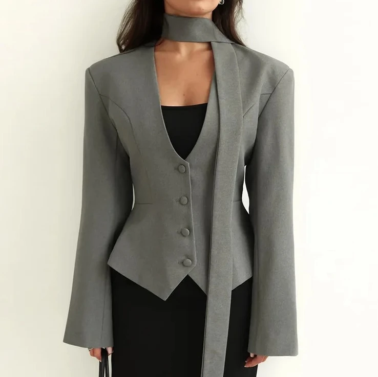 

Women's Fit Office Work Formal OuterwearMultipleColors Blazer Jacket Choker Tie Lapel Button Front Long Sleeve Slim