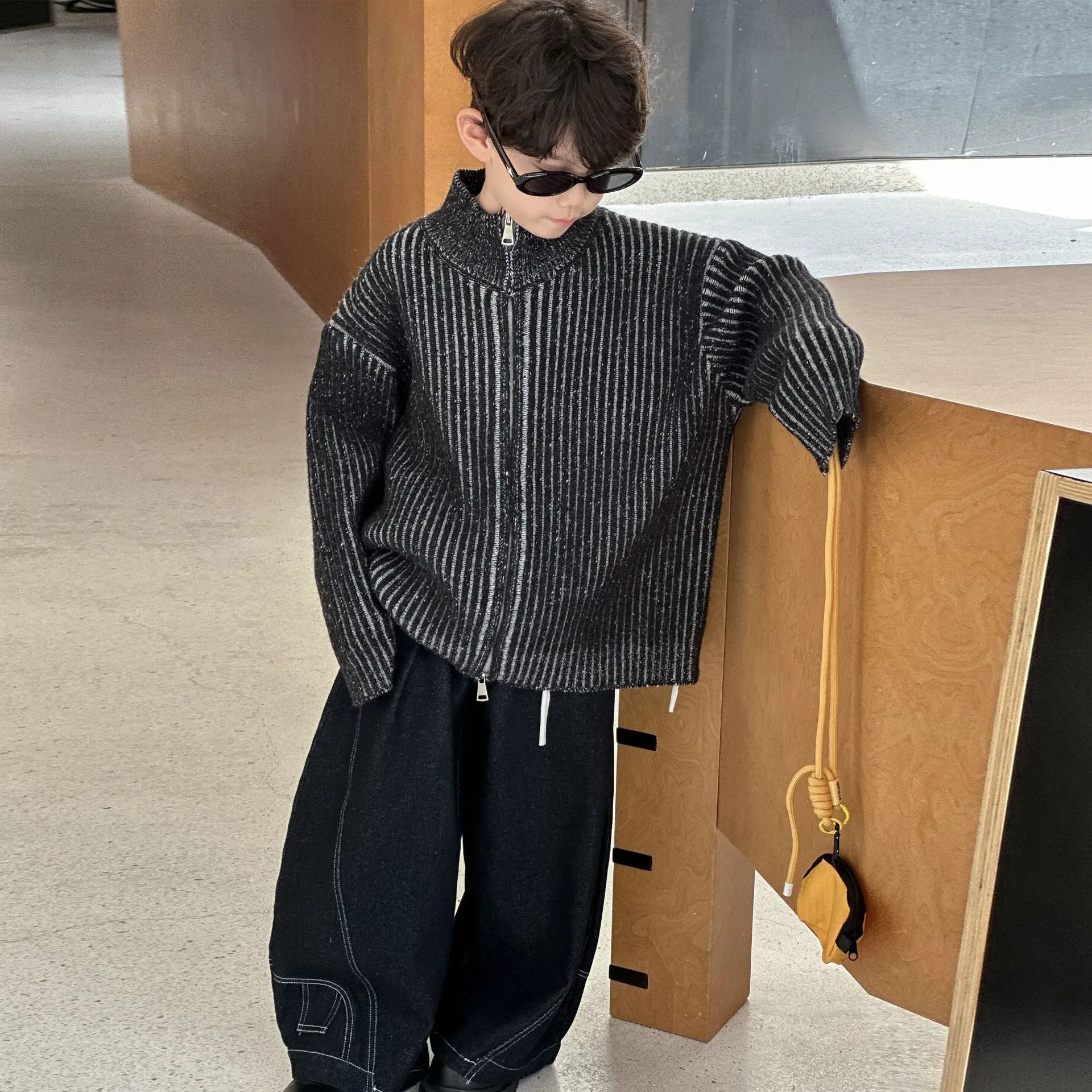 

Children's Autumn Sweater Jacket Boys Knitted Cardigan 2025 Spring and Autumn New Wool Striped Zipper Top