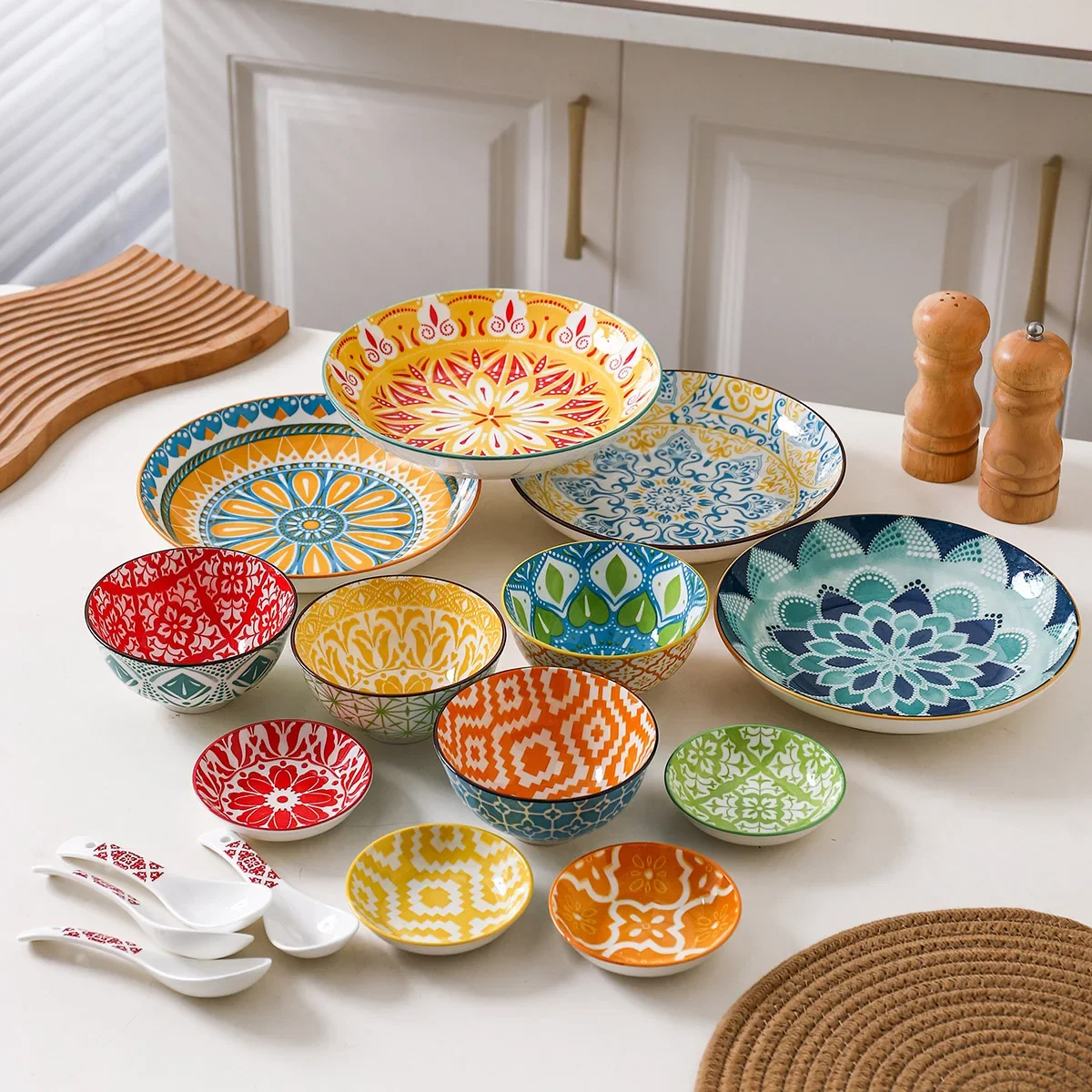16-Piece Bohemian Ceramic Dinnerware Set for 4 People Plate Bowl Spoon Dish Kitchen Restaurant Tableware