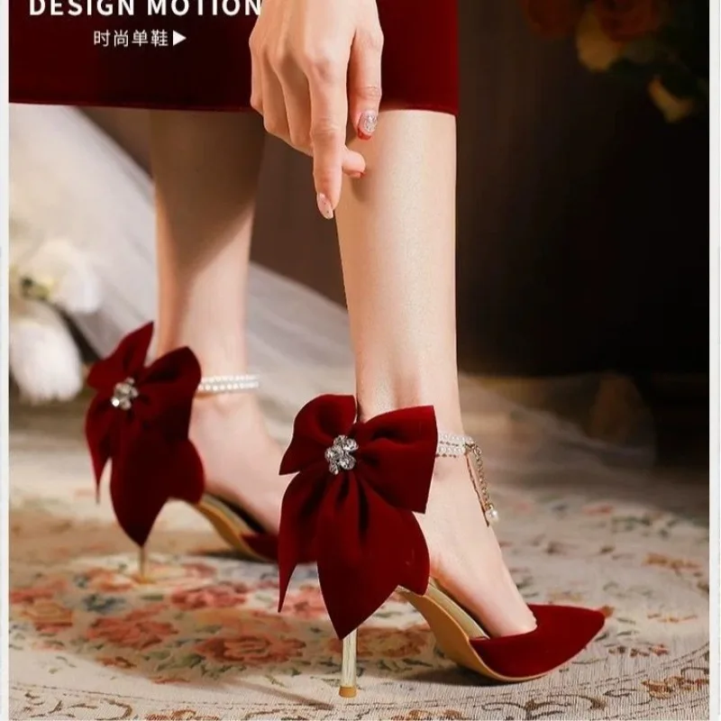 Elegant Women Heel Shoes High Heels Pumps Sexy Stilettos Wedding Shoes Bride Heels Red White Bowknot Footwear