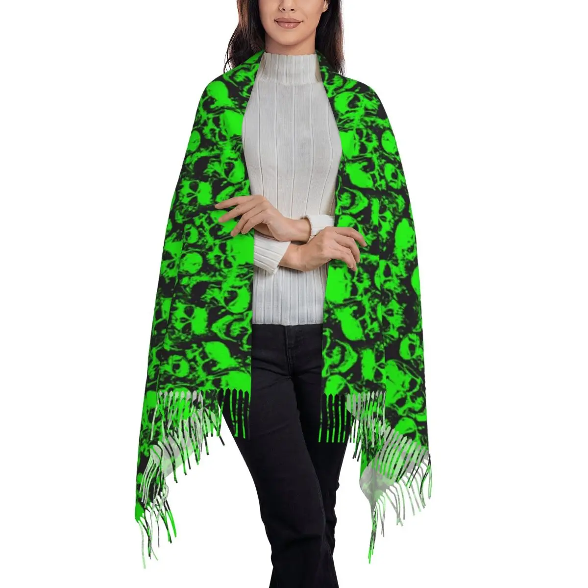 Skull Print Luminous Horror Night Halloween Scarf Tassel Scarves for Women Soft Warm Shawls and Large Fall Winter Shawl Wraps
