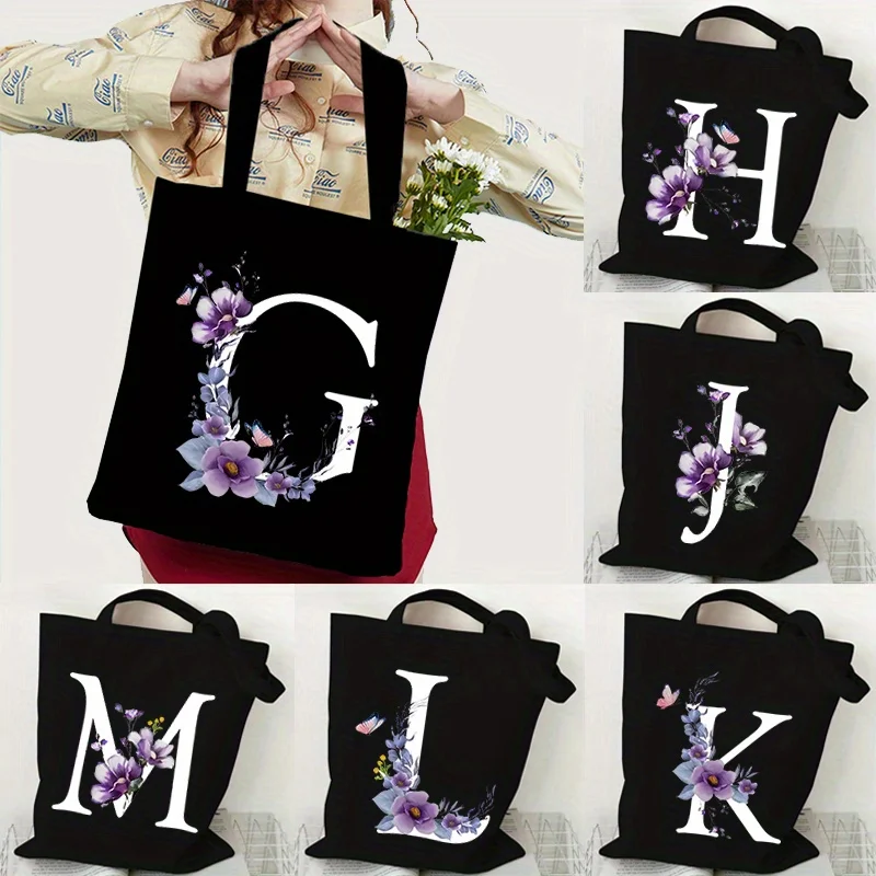 Wild Flower Alphabet Women's Shoulder Bag Vintage Floral Butterfly Print Lightweight Foldable Tote Bag for Teens Adults