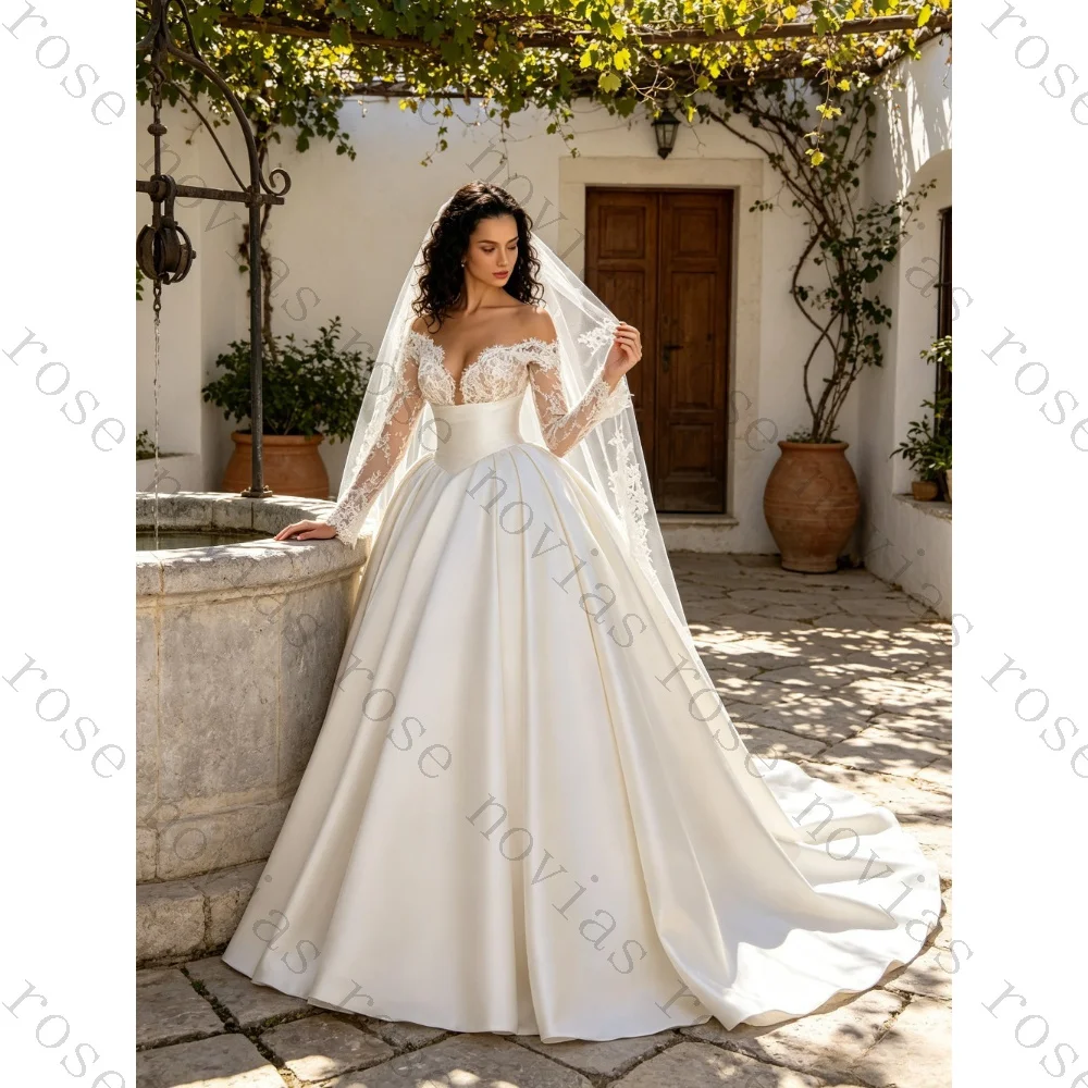 Customized Elegant Off Shoulder Lace Long Sleeves Satin Wedding Dresses 2026 New Gorgeous Off Back Fluffy Princess Bridal Gown