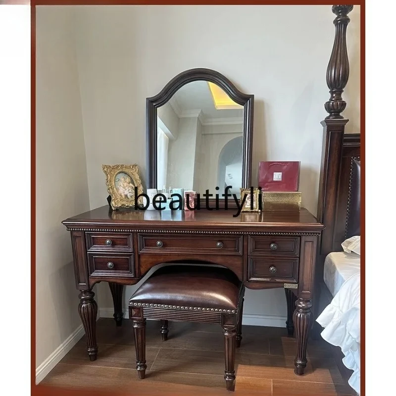 

All Solid Wood Makeup Table Dressing Table Light Luxury High-end Feel Desk with Makeup Mirror Stool