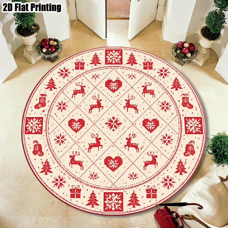 Festive Round Area Rug Red Green Check Snowflake Jingle Bell Circle Carpet Washable Non Slip Front Door Home Floor Decor