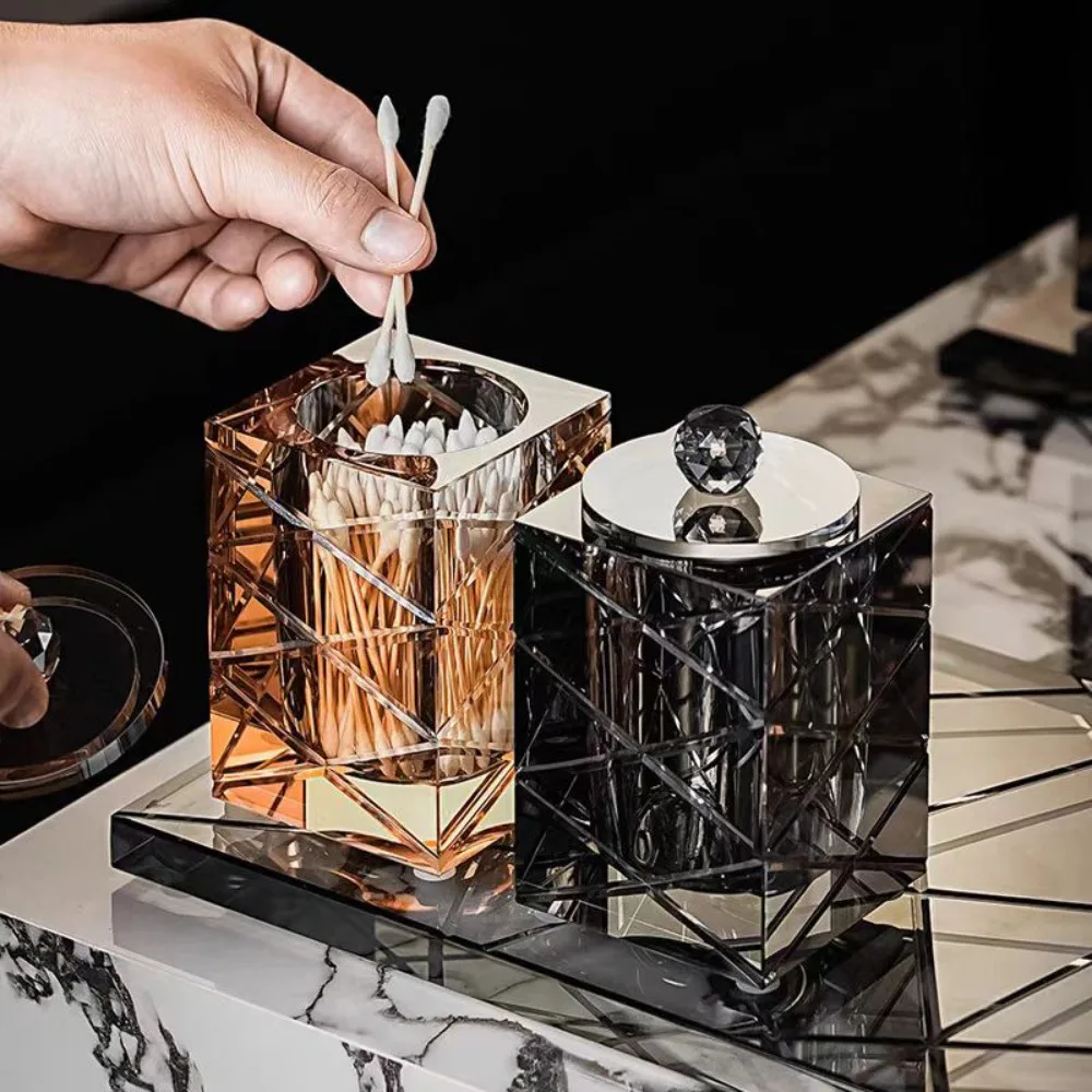 Crystal Glass Carved Cotton Swab Box Storage Jar Hotel Bathroom Countertop Storage Box Toothpick Jar Home Desktop Decoration