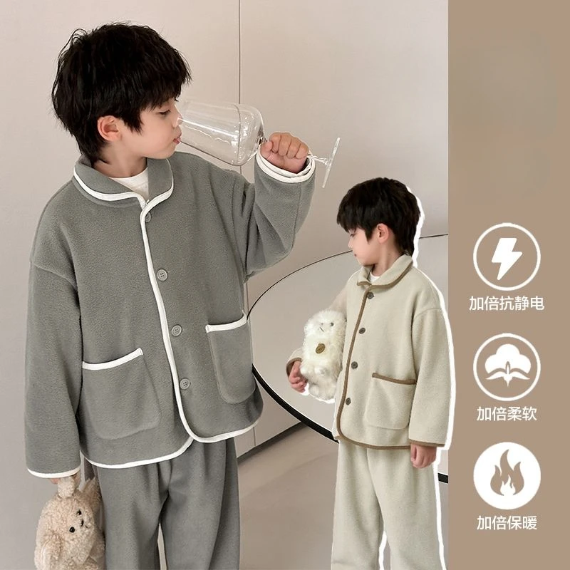 Children's Pajamas Fall Models Shaking Grain Velvet Baby Home Clothing in Thick Sets of Fall Winter Boys Spring Fall Home Wear