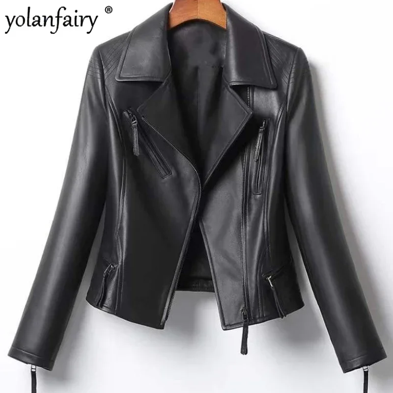 Veste en peau de mouton naturelle pour femme, manteau en cuir véritable, vestes de moto minces, vêtements féminins, Y-Skin, printemps 2023, nouveau