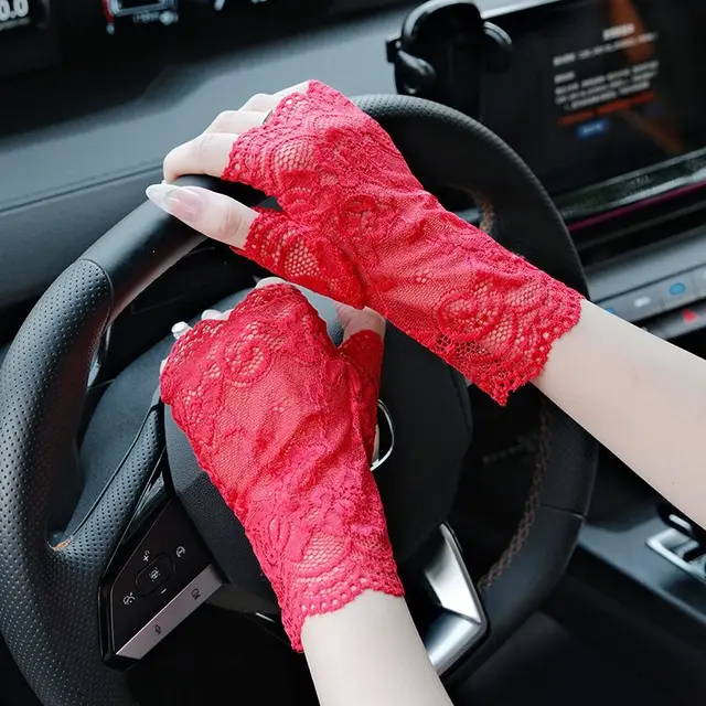 Summer Outdoor Women Thin Half Fingers Mesh Lace Sun Gloves Female Elegant Dance Driving UV-proof Sun Protection for Daily Wear 5
