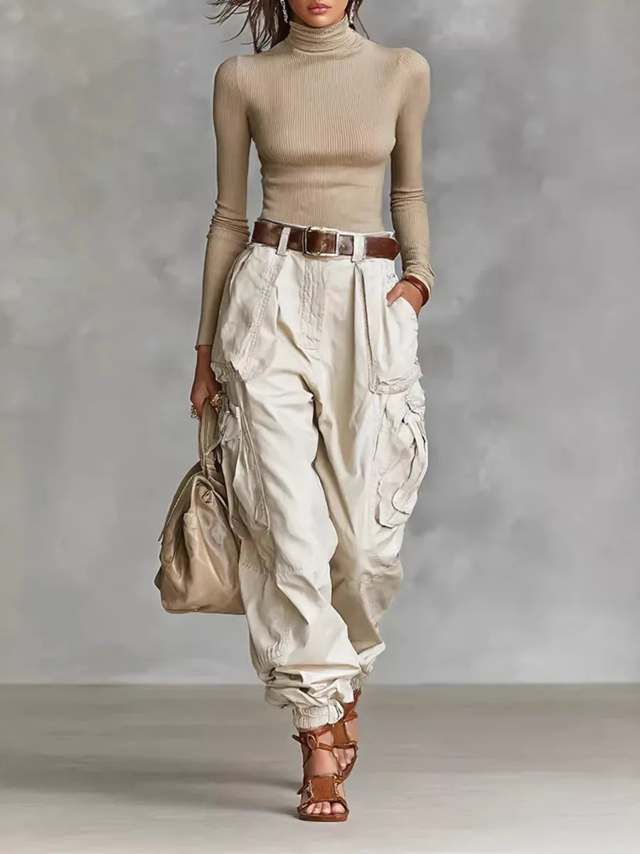 High Waist Pure Color Multi Pocket Work Trousers Women's Casual Pants Wide Leg Polyester Fiber Splicing Summer New Arrival