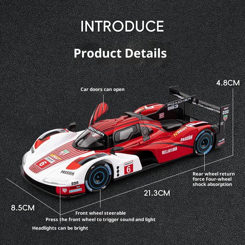 1:22 Porsche 963 aleación de simulación de carreras coche deportivo sonido y luz modelo coche extraíble para niños regalo para hombres