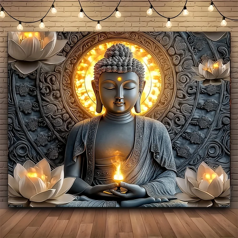 1 piece ornate style Buddha and lotus tapestry, machine washable, large polyester wall hanging for living room and bedroom