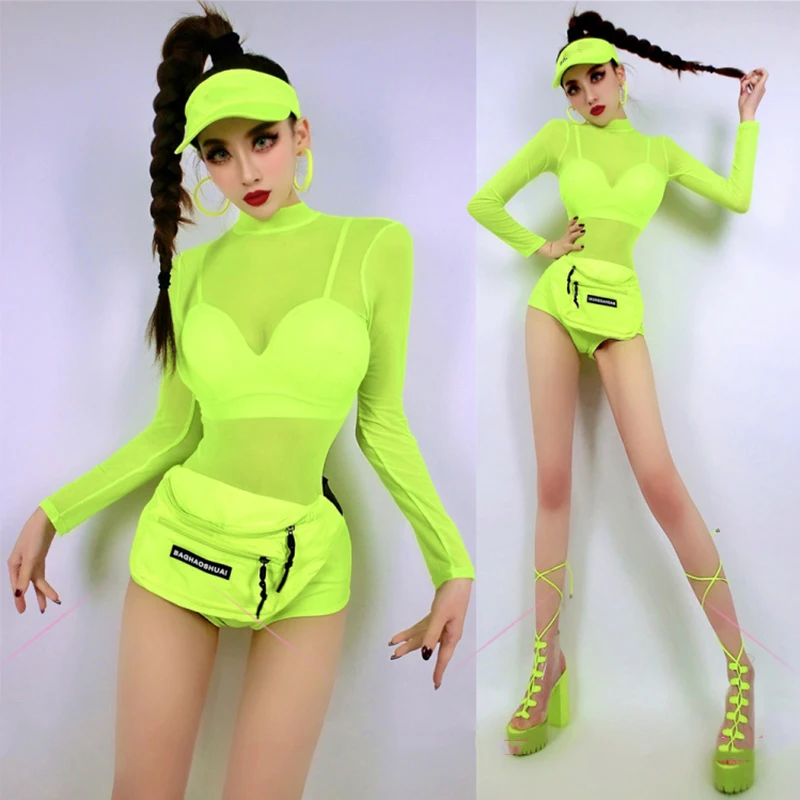 New Nightclub Bar Female Gogo Dancer Fluorescent Green Mesh Sexy Jumpsuit Bikini Jazz Pole Dance Costume Ds Dj Clothing DNV16001