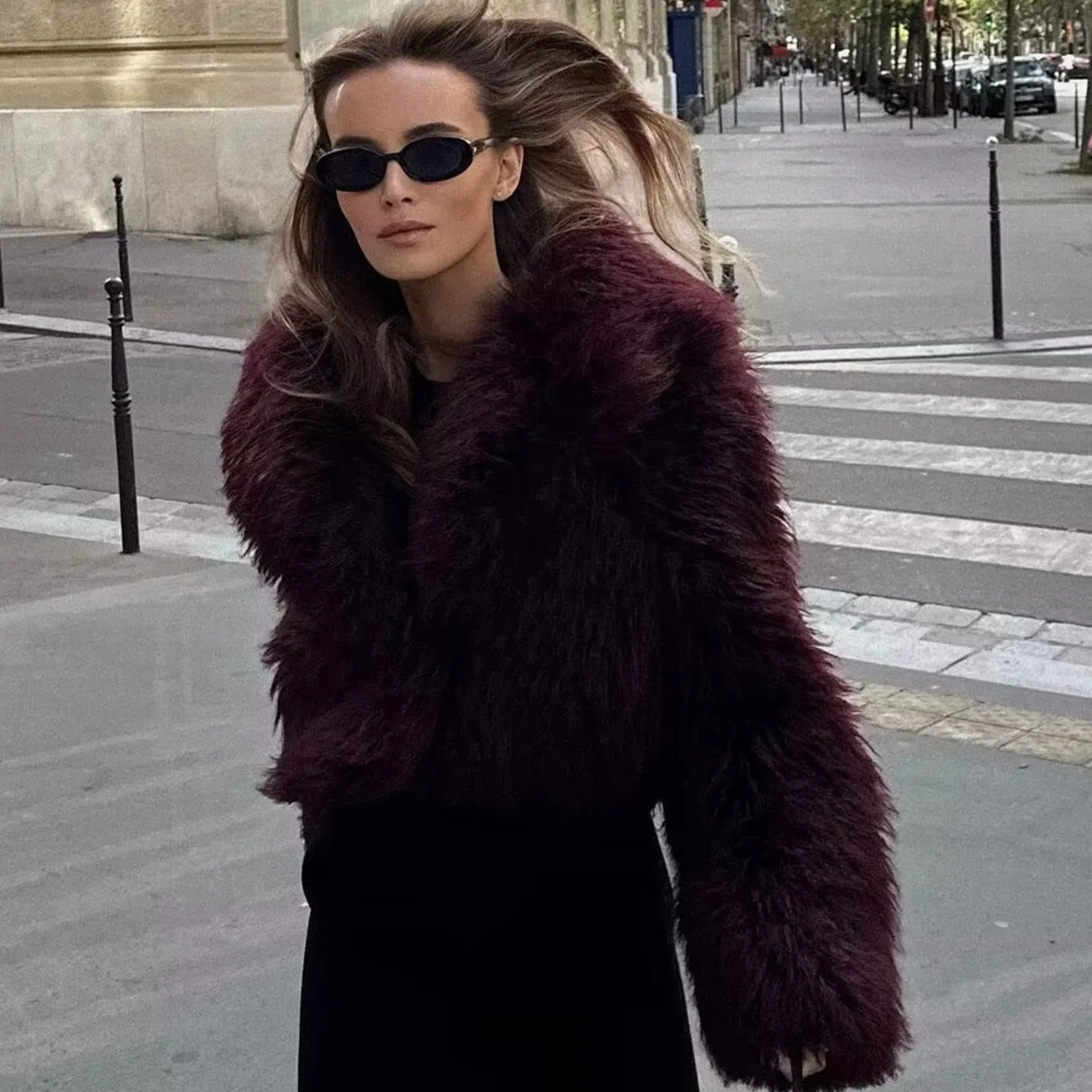 2026 Fall Winter Women Burgundy Casual Faux Fur Jackets Fashion Streetwear Turn Down Collar Warm Oversized Thick Coats