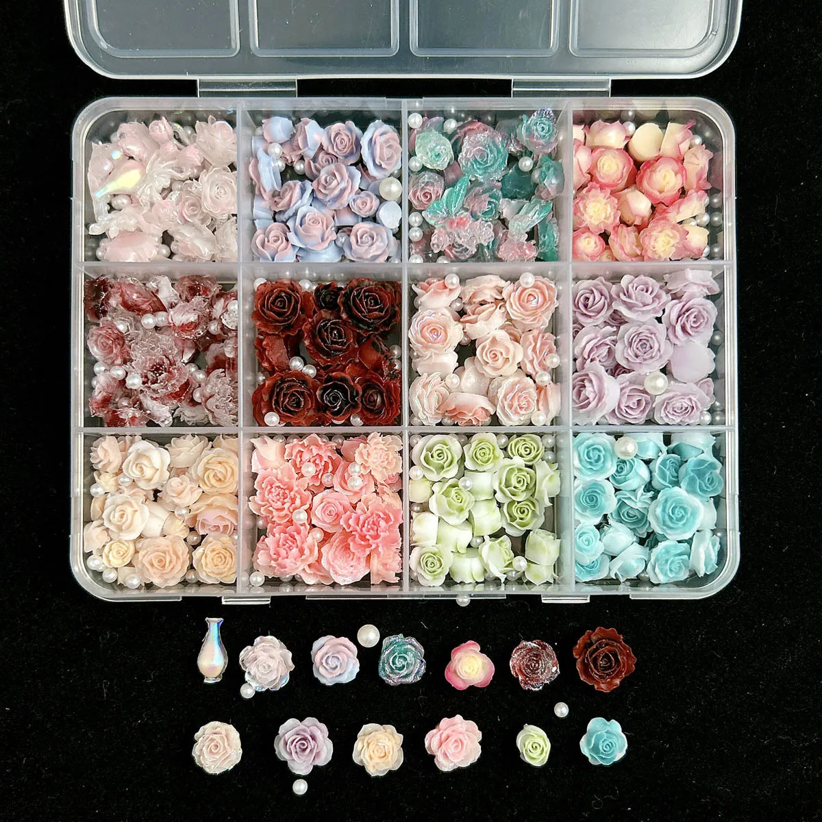 

12grids,nail Charms,nail art accessories, rose flower series resin, three-dimensional realistic dried rose pearl box, DIY nail
