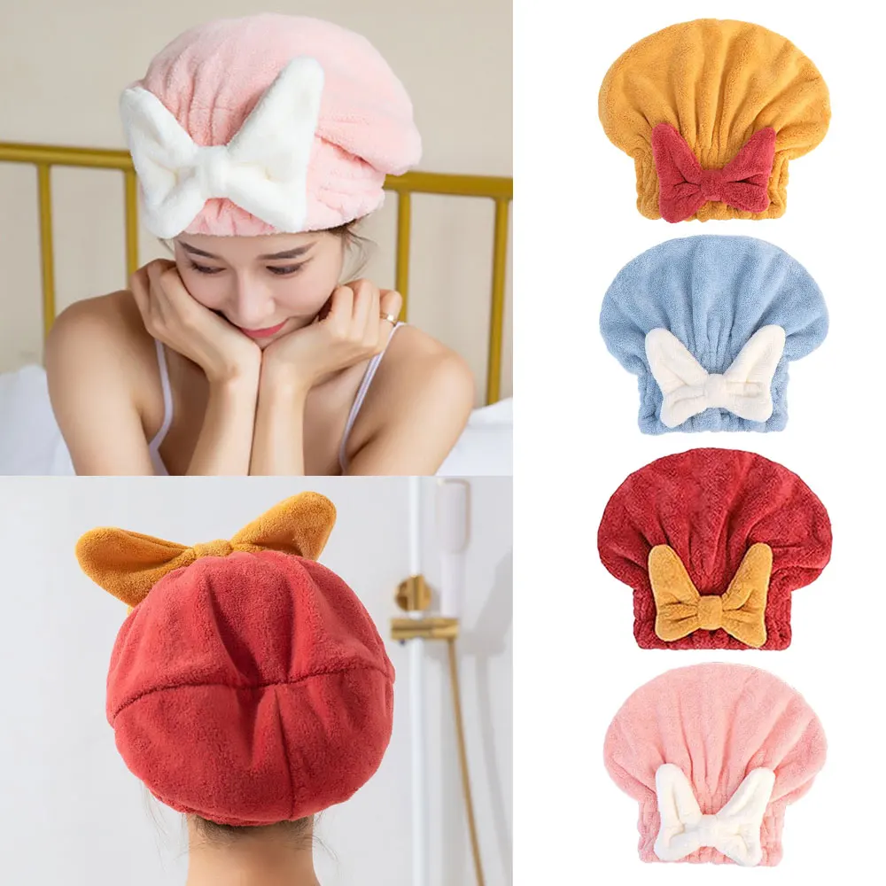 Coral Velvet Hair Drying Towels Super Absorbent Turban Hair Towel Cap Quick Dry Head Wrap with Bow-Knot Shower Cap for Wet Hair