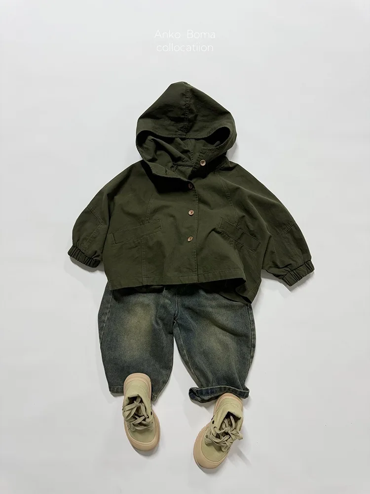 2025 Autumn New Children Hooded Windbreaker Solid Boys Dolman Sleeve Zipper Jacket Fashion Girls Loose Coat Cotton Kids Clothes