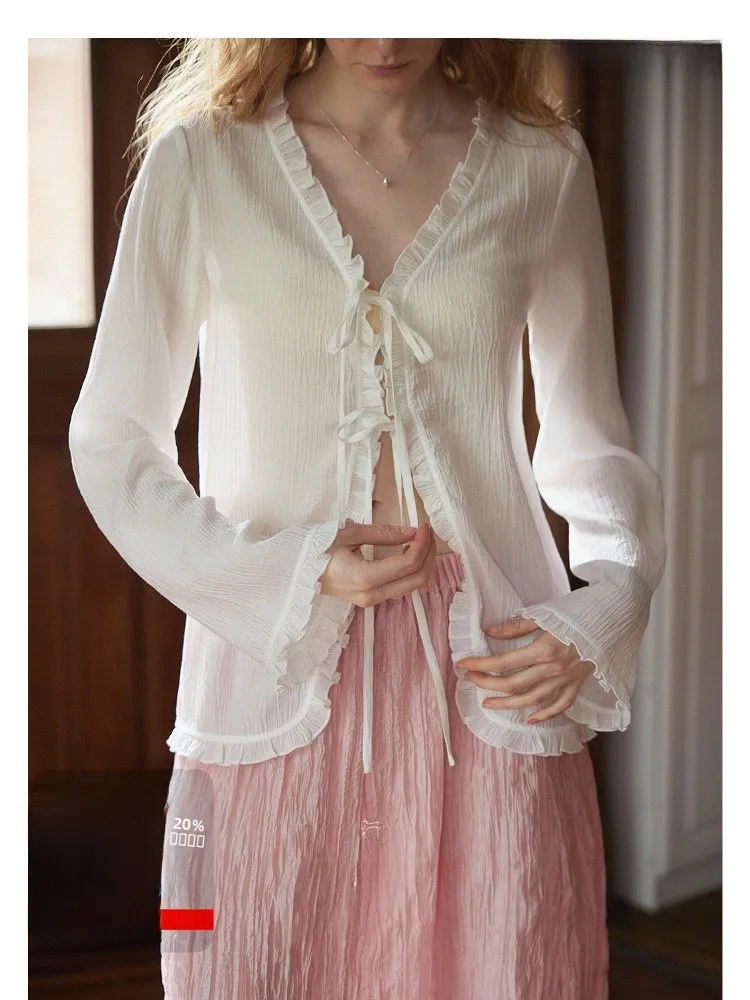 Nice People 2025SS Tela de gasa Mis See-tough Sense Volantes de madera irt Ajuste suelto para mujer Botón largo Sve V-ne-...