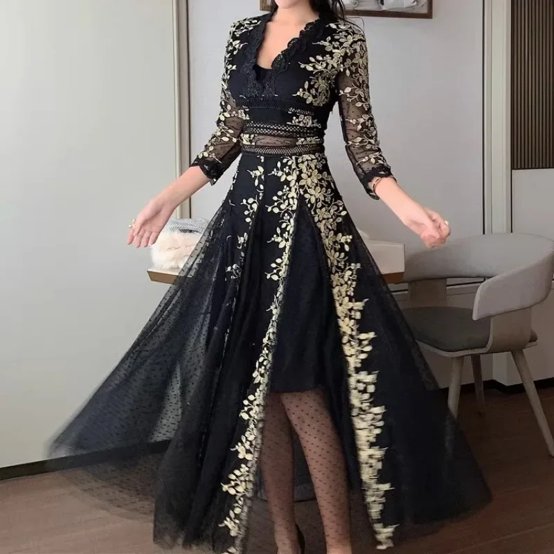 Black Woman Clothing Embroidery Mesh Dress Woman Long Sleeve V Neck Lace Long White Dresses Party for Lady Vestidos