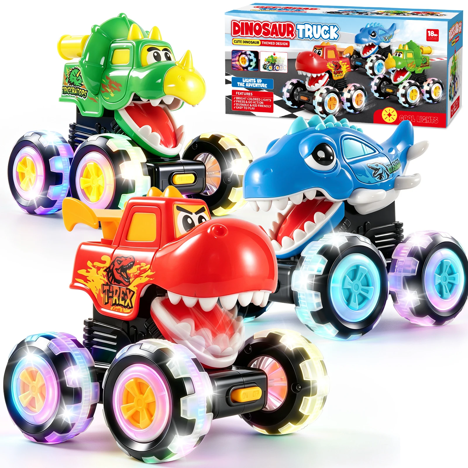 3PCS Dinosaur Truck for Boy Inertia Monster Car Model Wheel have Lighting Educational Kids 3 Years Old Birthday Gifts