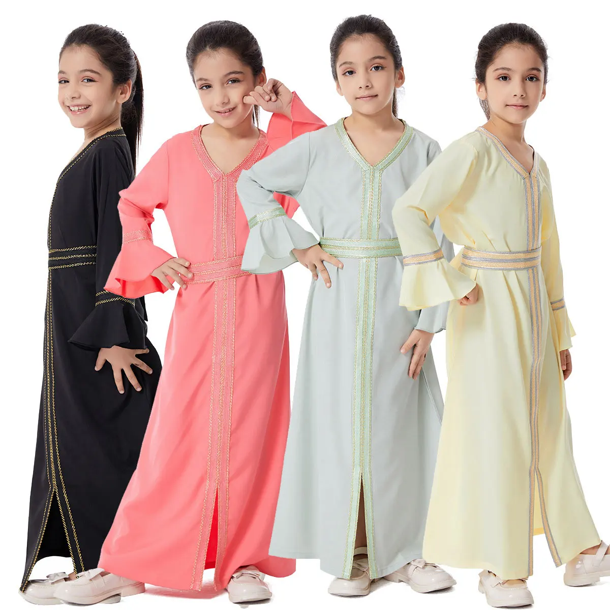 

Muslim Girls Long Dress Spring Ramadan Embroidery Lace Kaftan V-neck Abaya for Kids Islamic Saudi Arabia Robe Marocain Caftan