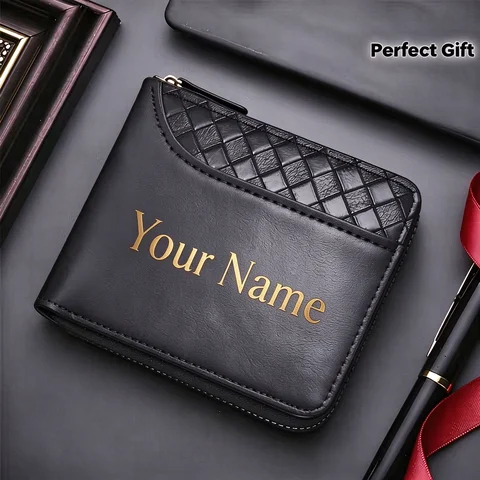 Personalized Men's PU Leather Zipper Wallet Custom Name Printed Card Purse Father's Day Gift Wallet for Men