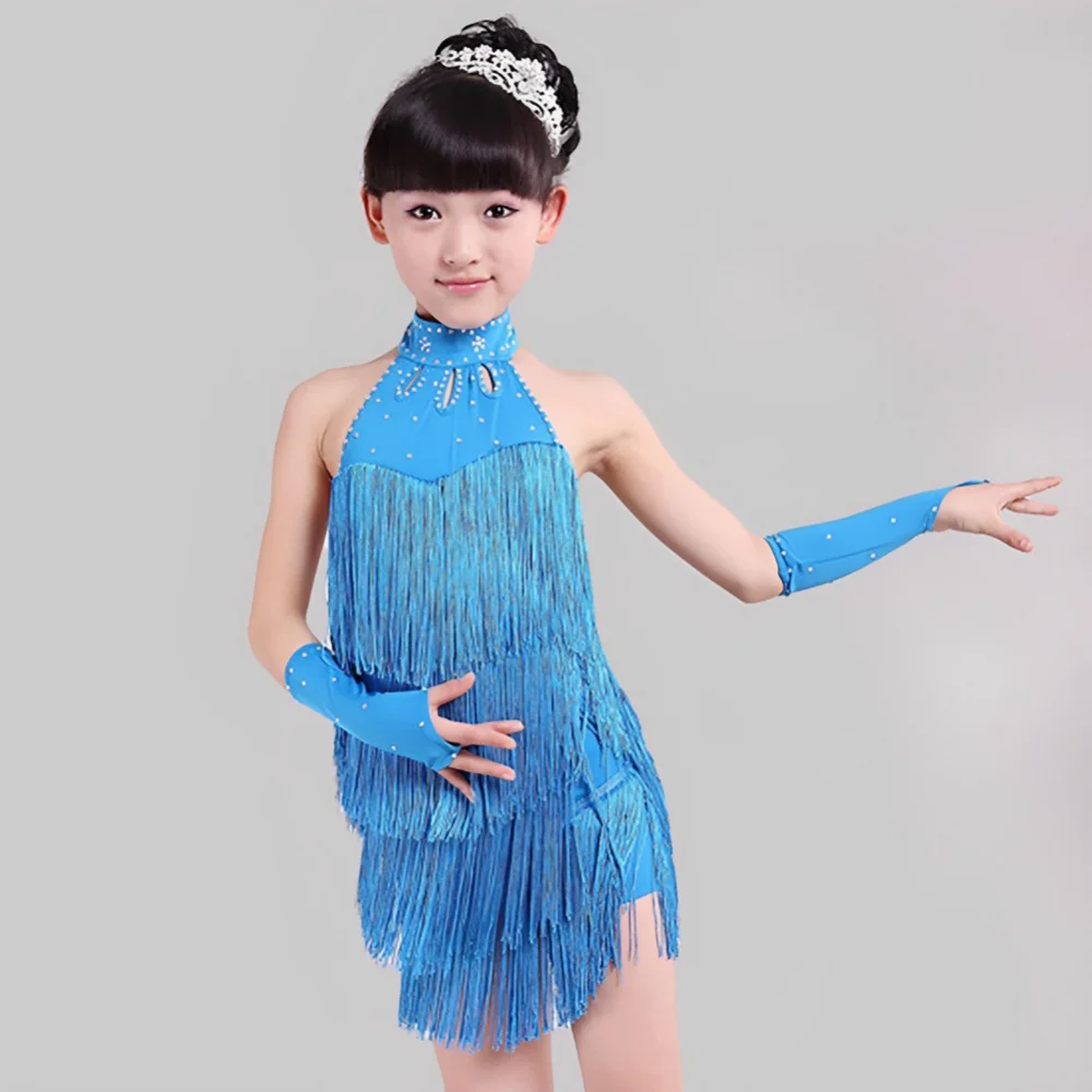 Latin Dance Dress for Girls 3-15Y Solid Tassel Dancing Dress Kids High Quality Professional Competition Suit Tango Costume