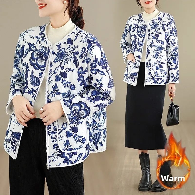 

Retro National Sle Printed Cotton Jaet Women's Winter New Loose round Ne Warm Cotton Coat Outerwear Dr Qing a Po