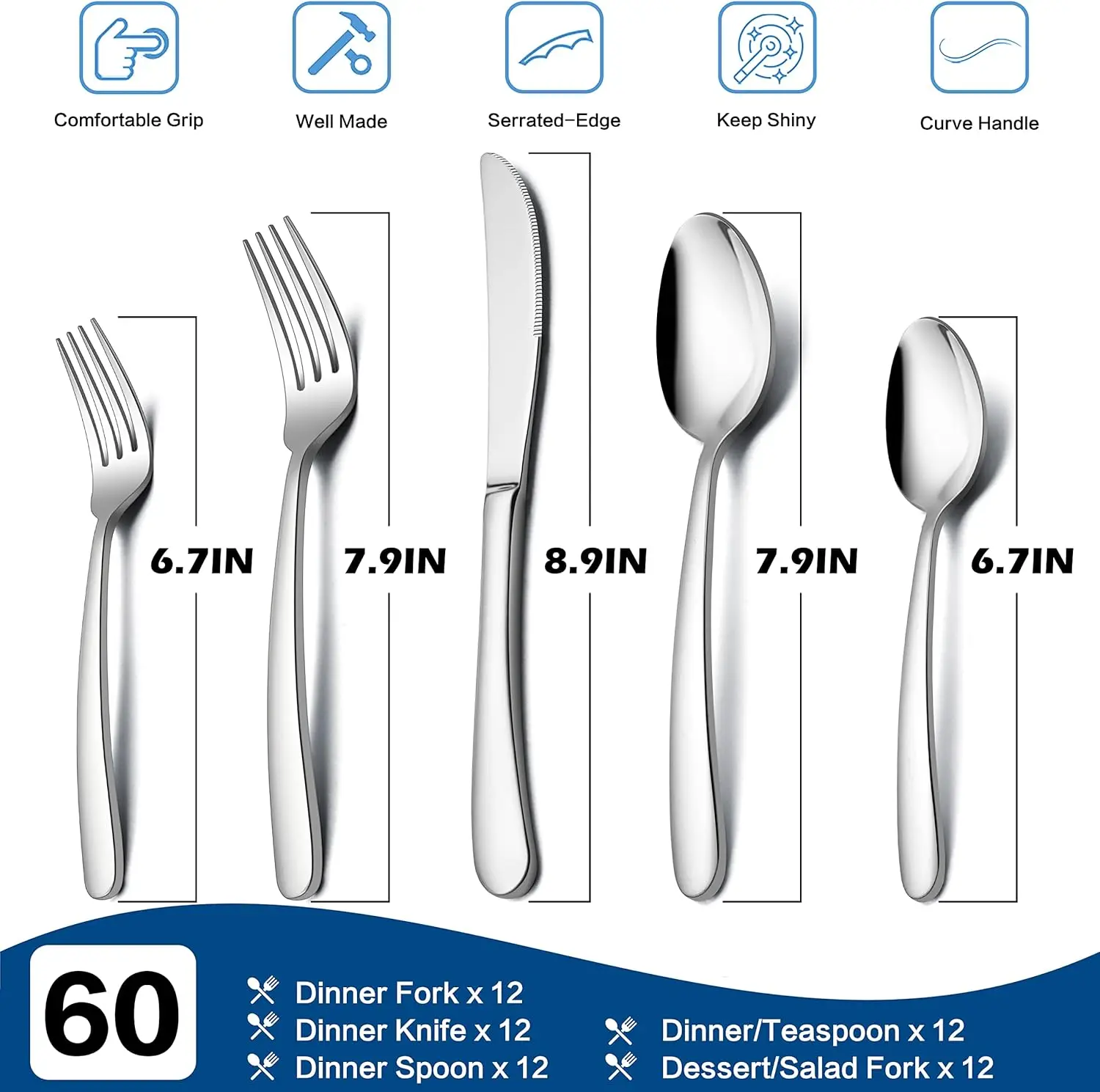 Heavy Duty Silverware Set for 12, 60-Piece Stainless Steel Flatware Cutlery Set, Heavy Weight Metal Tableware Eating Utensils