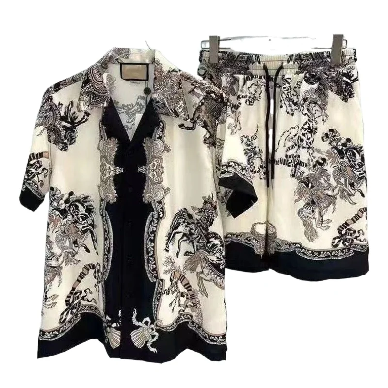 Summer New European  American Youth Popular Foreign Trade Digital Printing Men's Beach Pants Short-sleeved Shirt Set Underwear