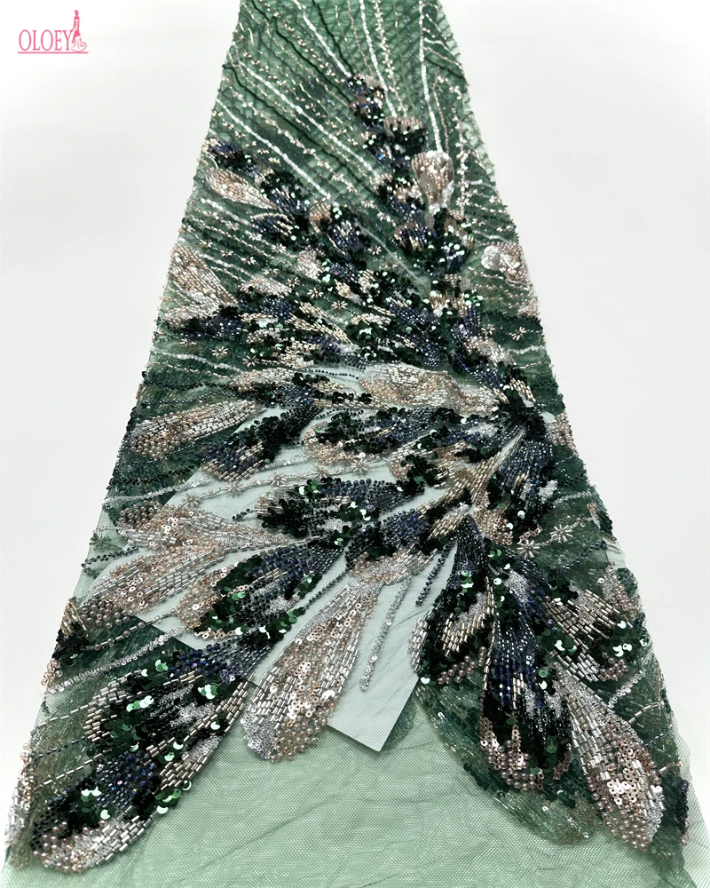 

Luxury French Mesh Lace Fabric with Beaded Sequins for Wedding Dresses African Nigerian Style Embroidery Sewing Material