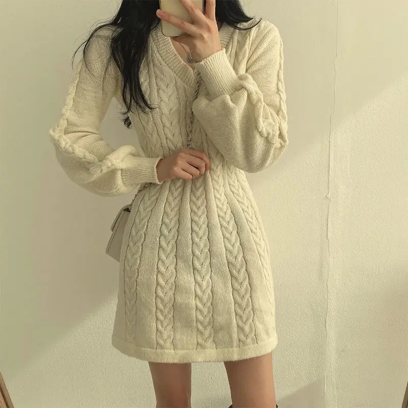 Short Extreme Mini V Neck Knit Loose Crochet Clothing Female Dress Women's Dresses Trendy Autumn and Winter Promotion Cotton